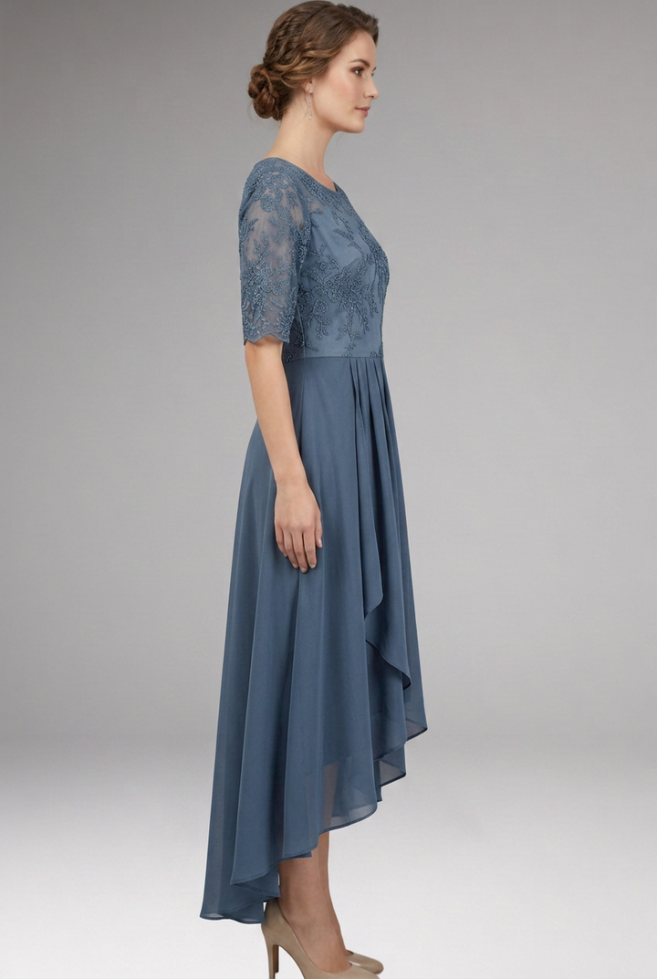 Women's Midi Dress with High Waist and Short Sleeves