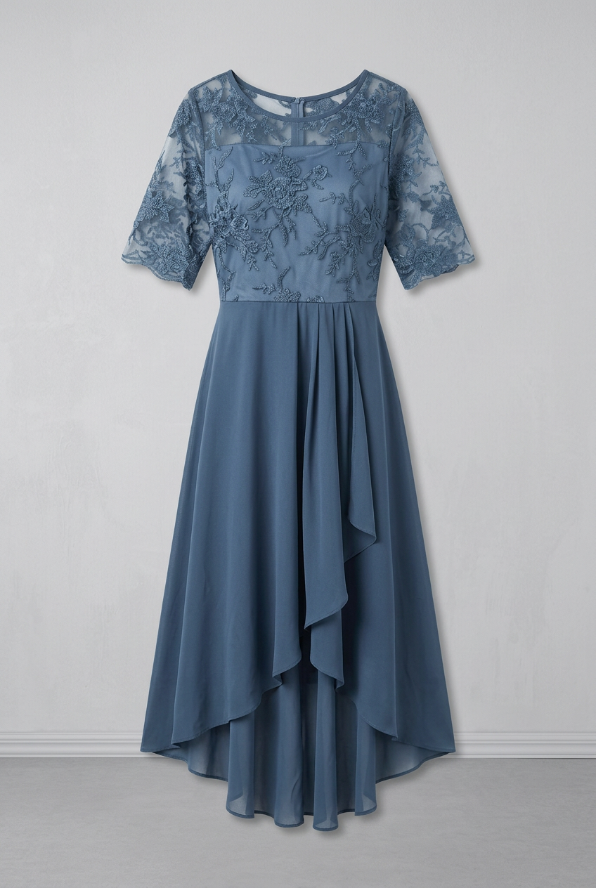 Women's Midi Dress with High Waist and Short Sleeves