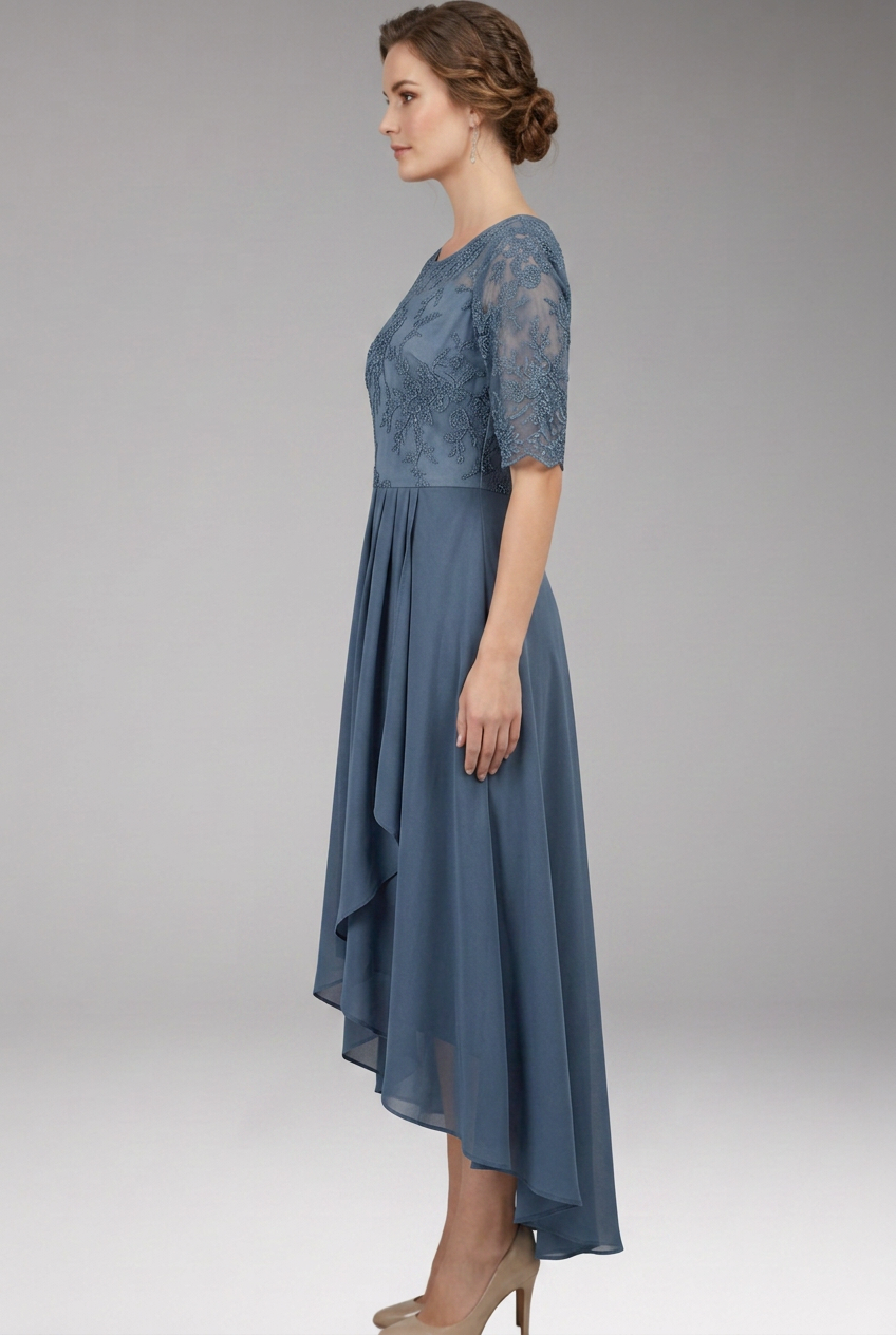 Women's Midi Dress with High Waist and Short Sleeves