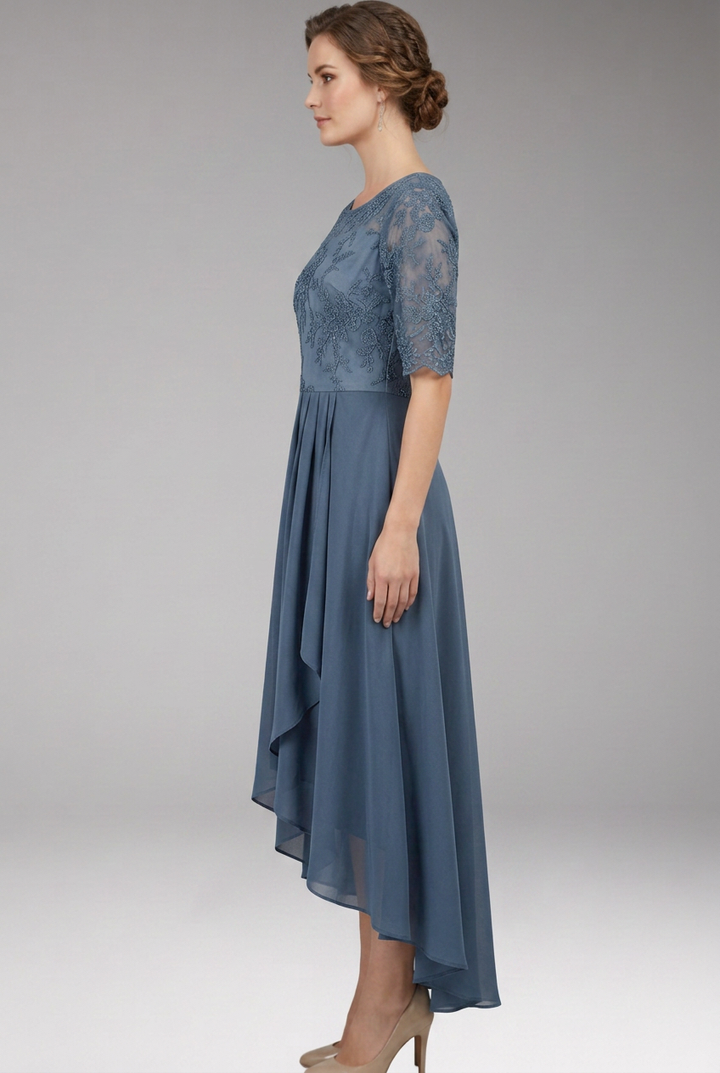 Women's Midi Dress with High Waist and Short Sleeves