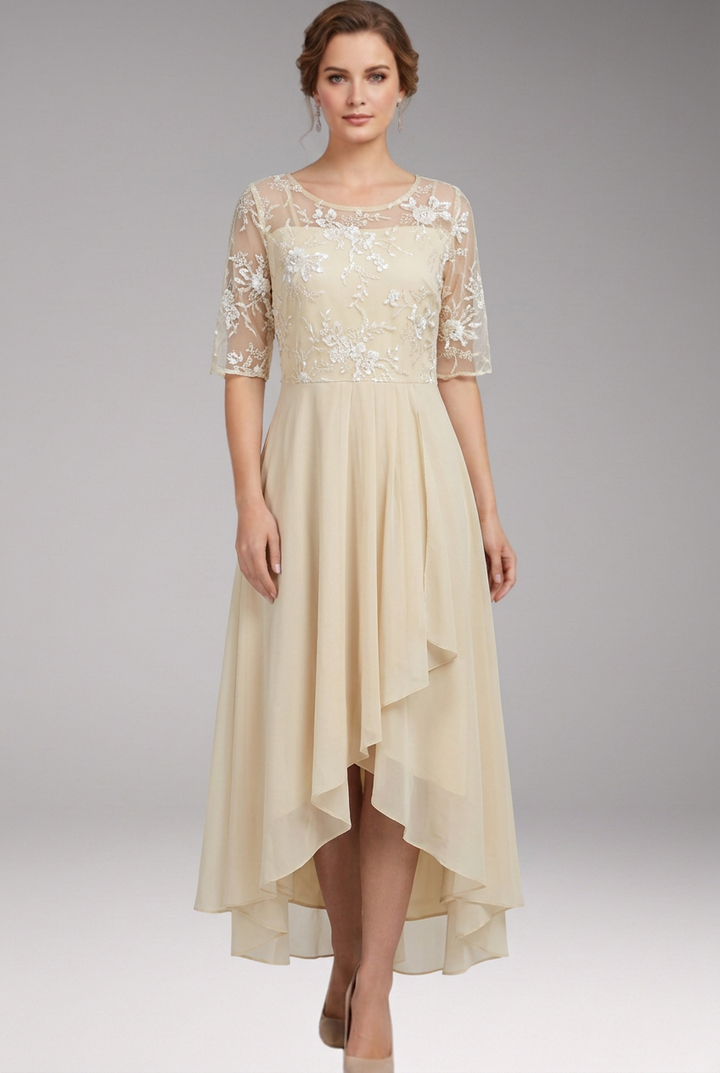 Women's Midi Dress with High Waist and Short Sleeves