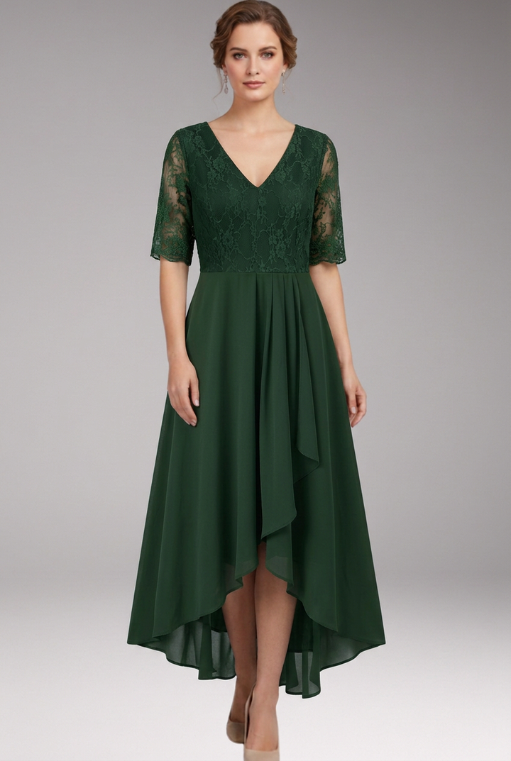 Women's Midi Dress with High Waist and Short Sleeves