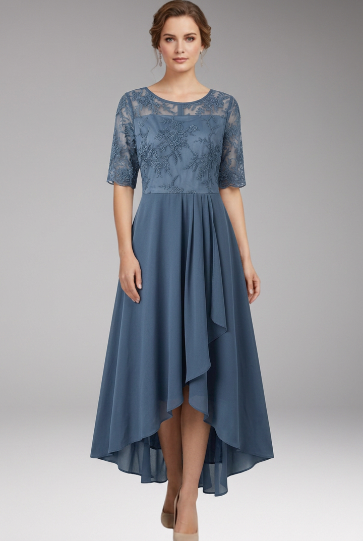 Women's Midi Dress with High Waist and Short Sleeves