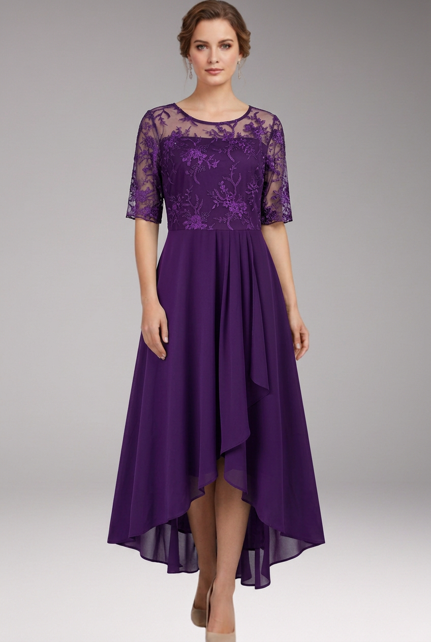Women's Midi Dress with High Waist and Short Sleeves