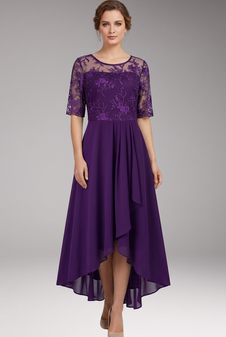 Women's Midi Dress with High Waist and Short Sleeves