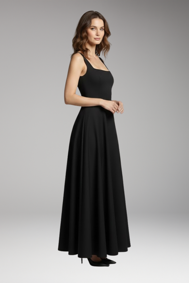Women's Midi Dress with High Waist and Square Neckline