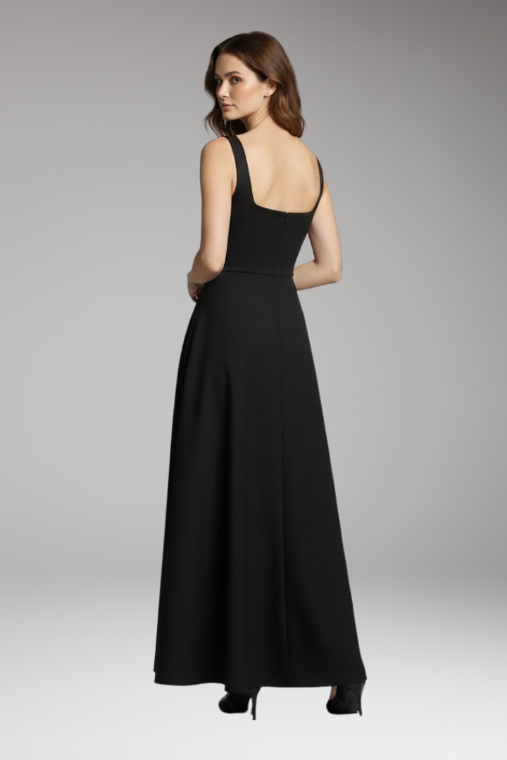 Women's Midi Dress with High Waist and Square Neckline