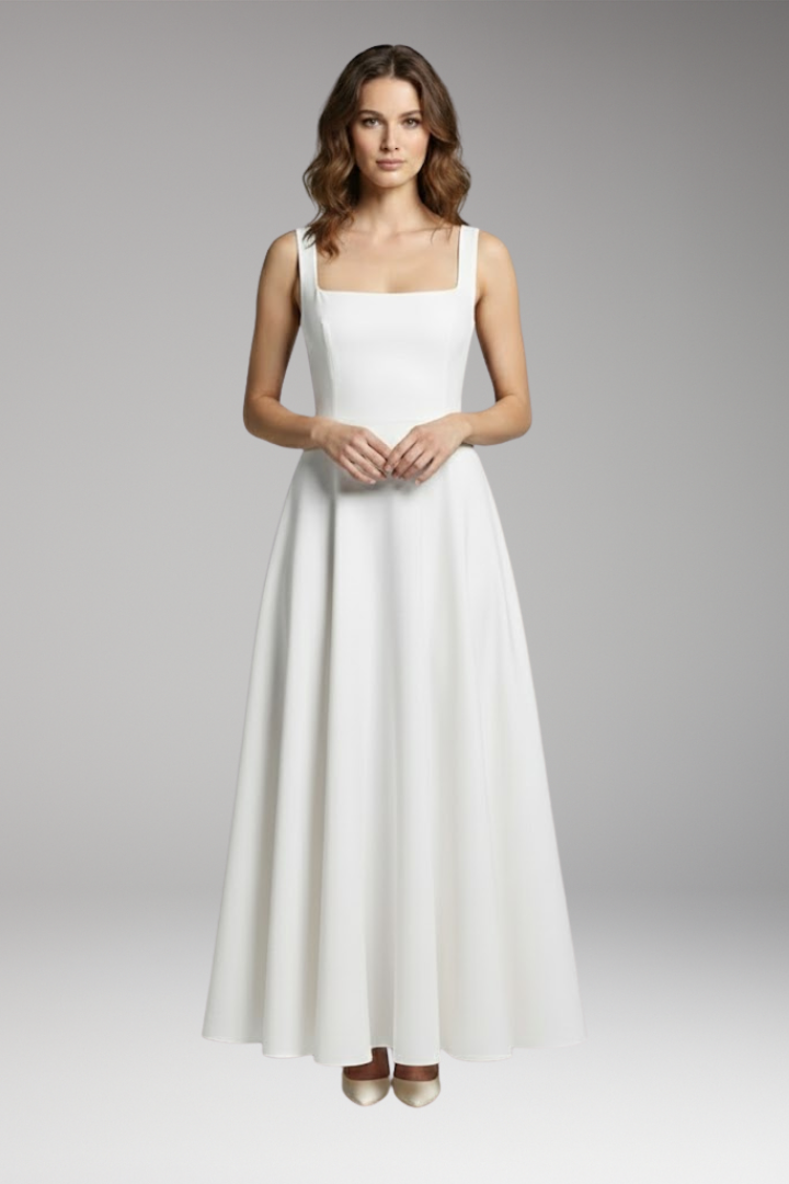 Women's Midi Dress with High Waist and Square Neckline