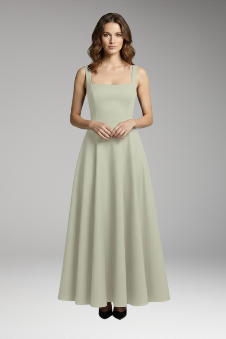 Women's Midi Dress with High Waist and Square Neckline