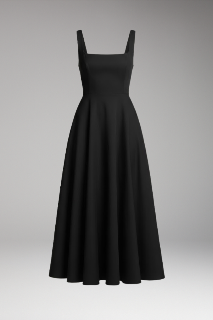 Women's Midi Dress with High Waist and Square Neckline