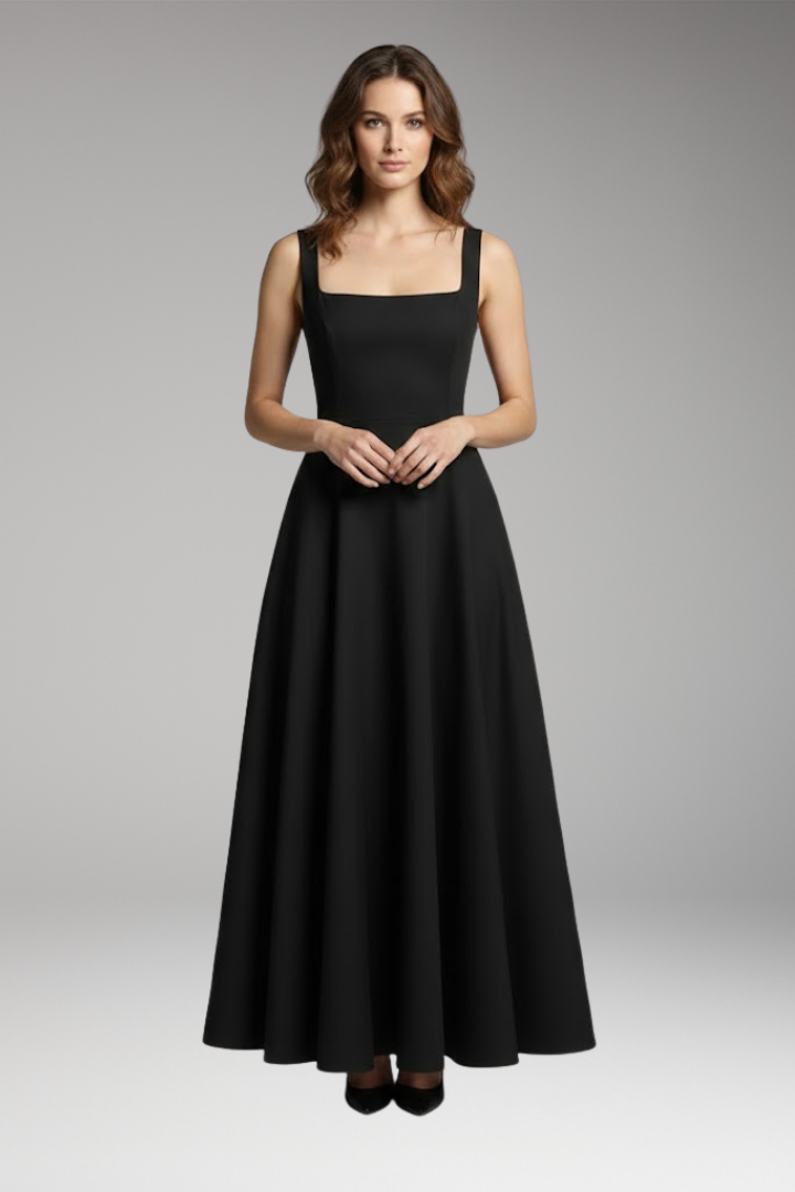 Women's Midi Dress with High Waist and Square Neckline
