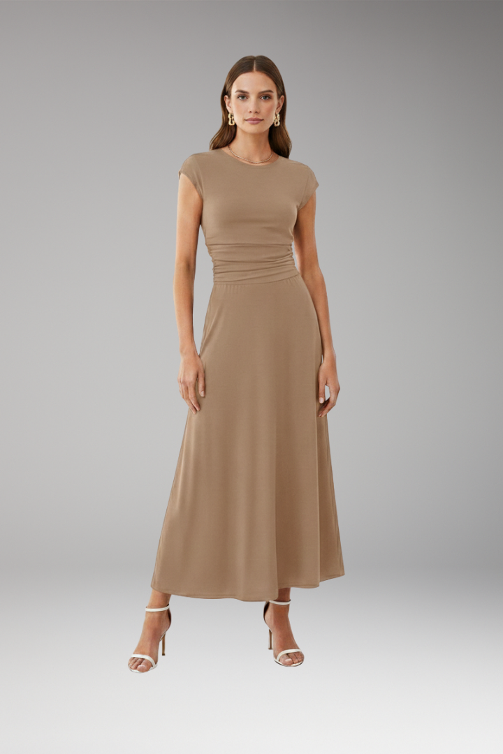 Women's Midi Dress with High Waistband and Flowing Skirt