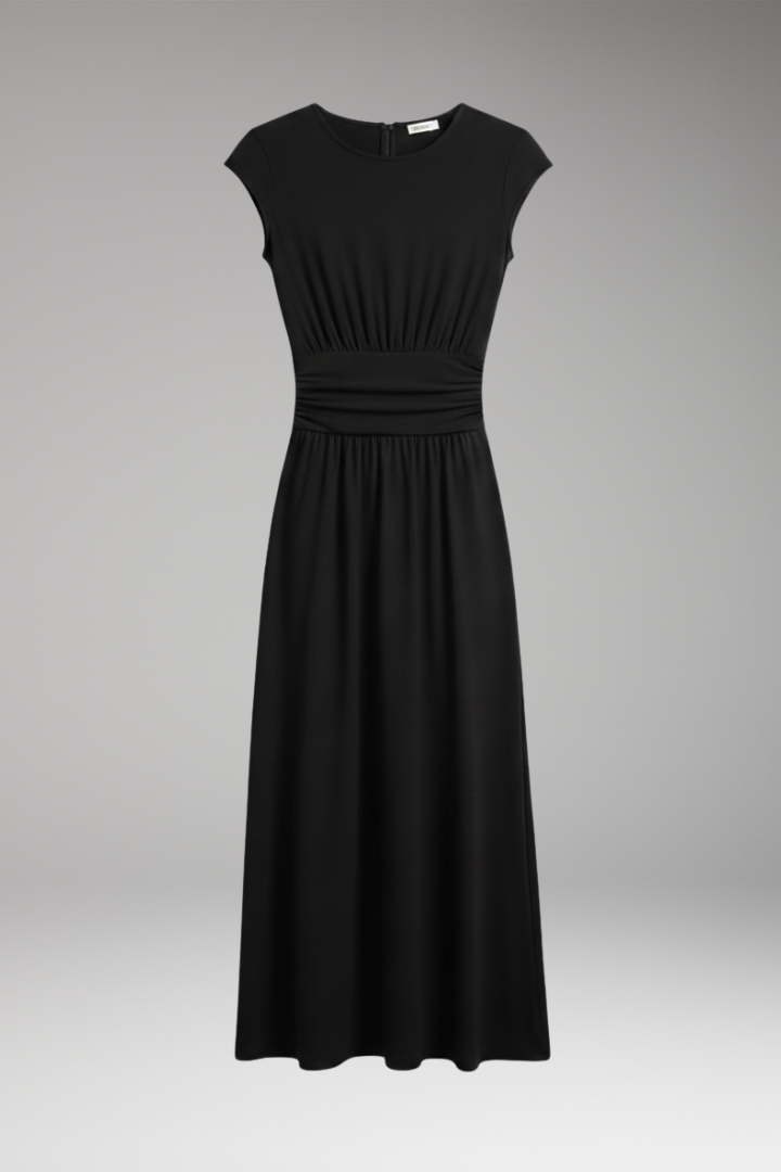Women's Midi Dress with High Waistband and Flowing Skirt