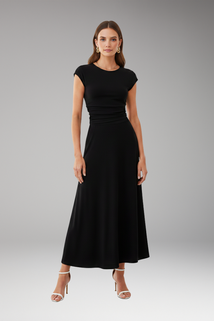 Women's Midi Dress with High Waistband and Flowing Skirt