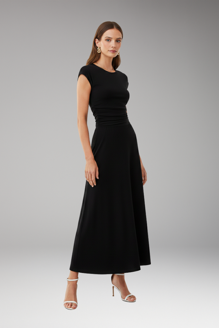 Women's Midi Dress with High Waistband and Flowing Skirt