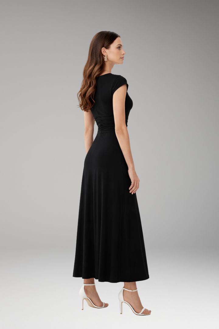Women's Midi Dress with High Waistband and Flowing Skirt