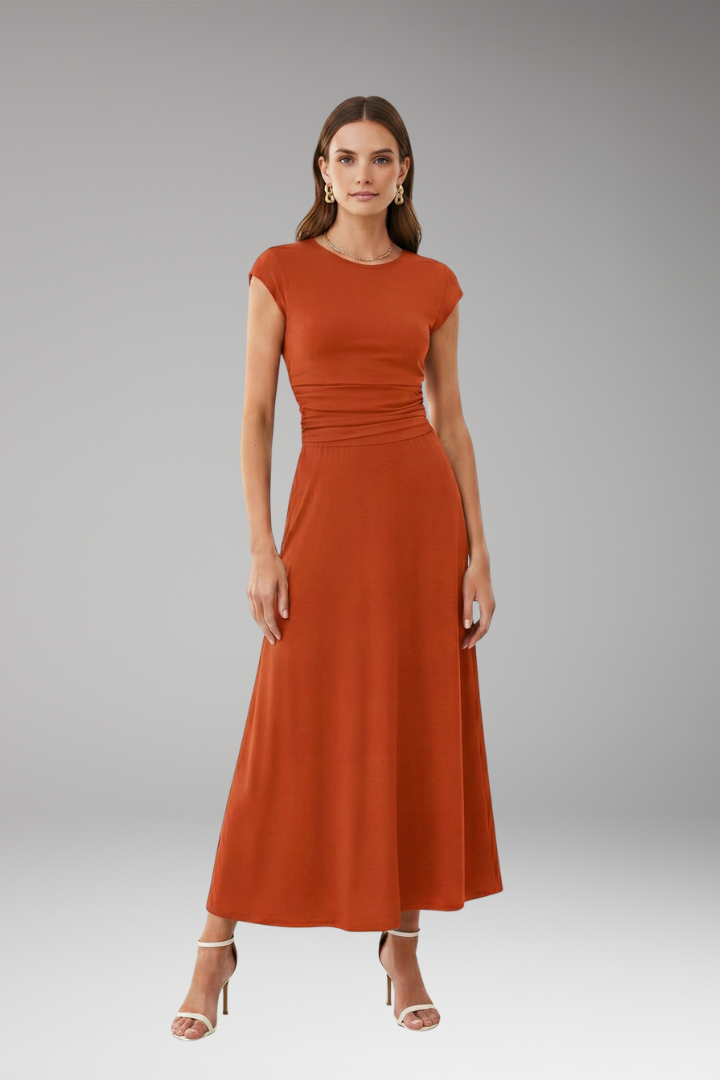 Women's Midi Dress with High Waistband and Flowing Skirt