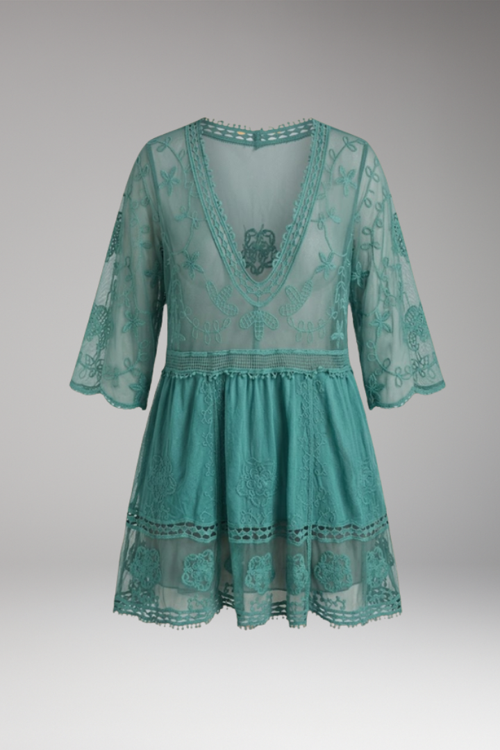 Women's Midi Dress with Lace Detail and V-Neckline