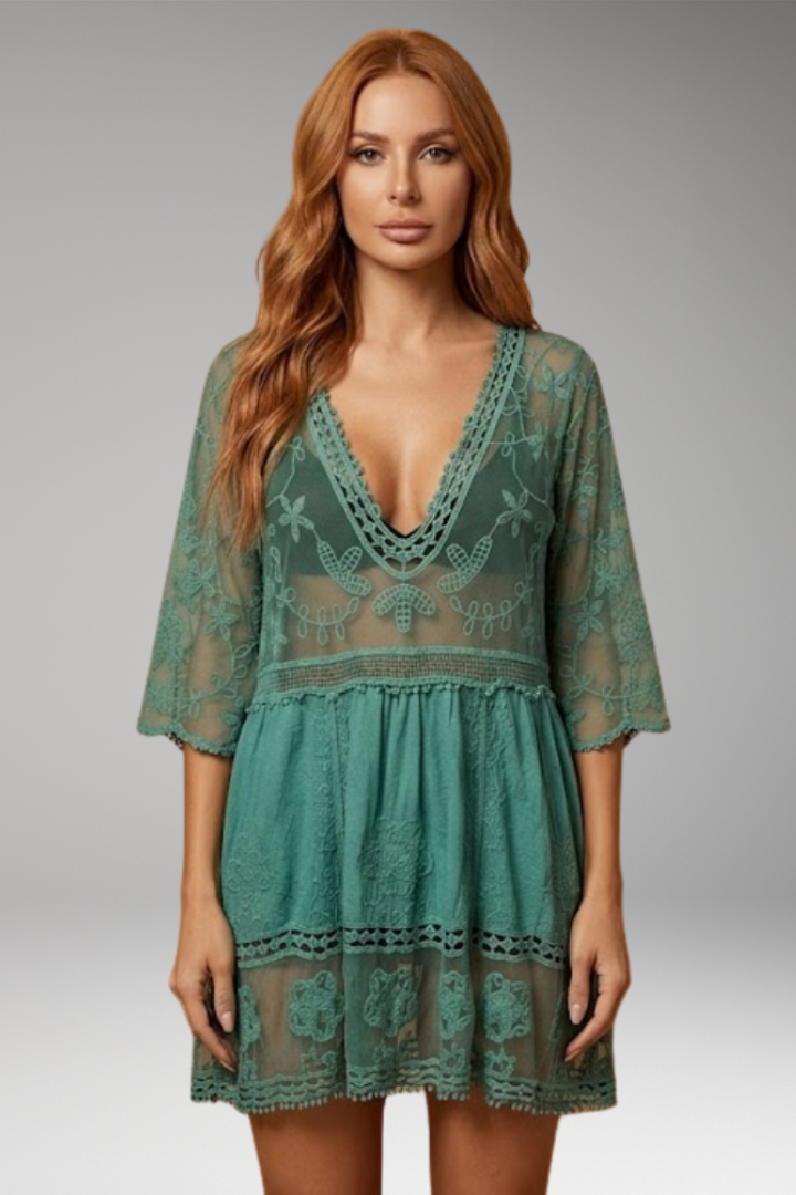 Women's Midi Dress with Lace Detail and V-Neckline