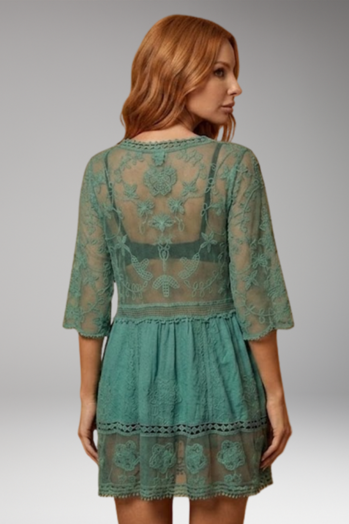 Women's Midi Dress with Lace Detail and V-Neckline