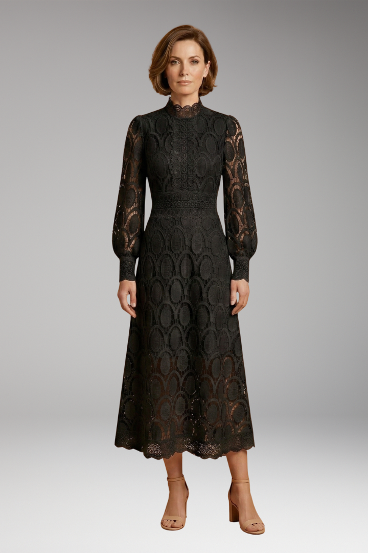 Women's Midi Dress with Lace Detailing and Fitted Waist