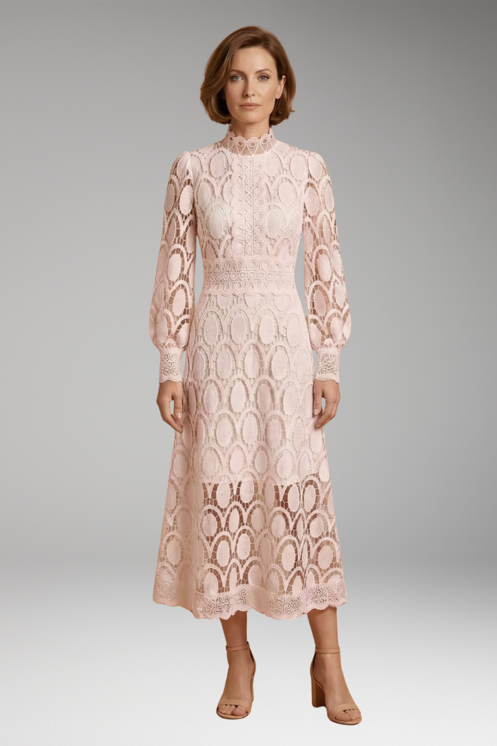 Women's Midi Dress with Lace Detailing and Fitted Waist