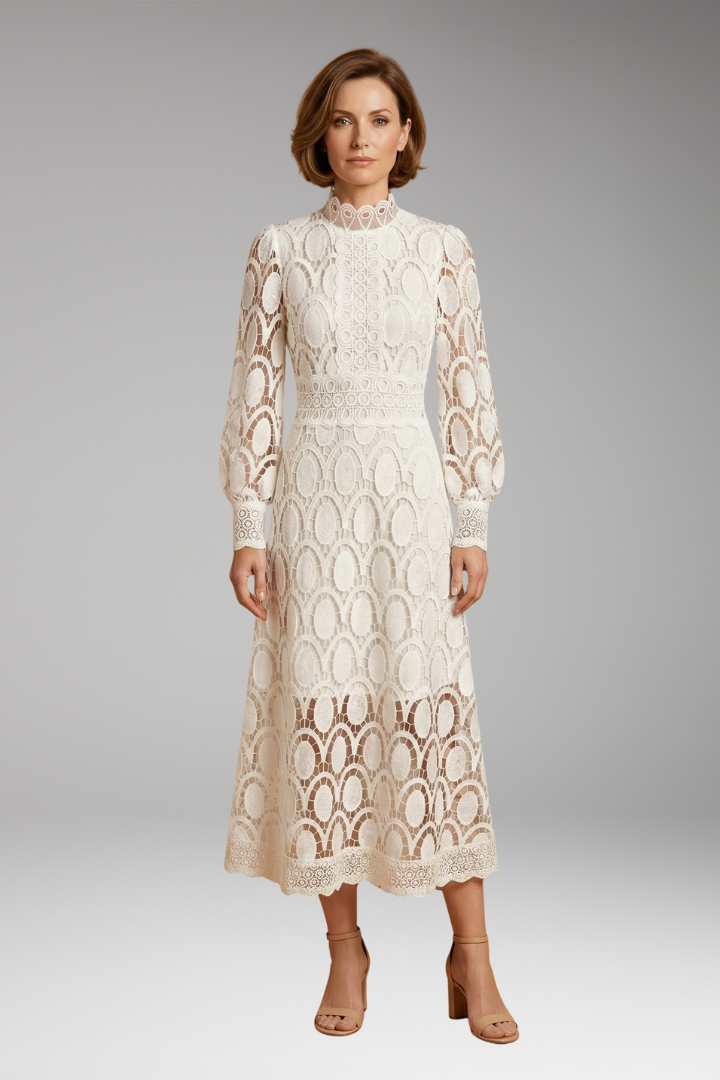 Women's Midi Dress with Lace Detailing and Fitted Waist
