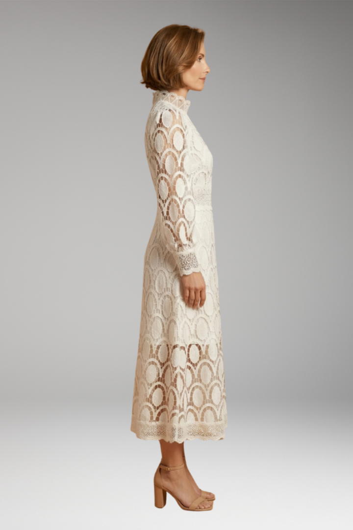 Women's Midi Dress with Lace Detailing and Fitted Waist