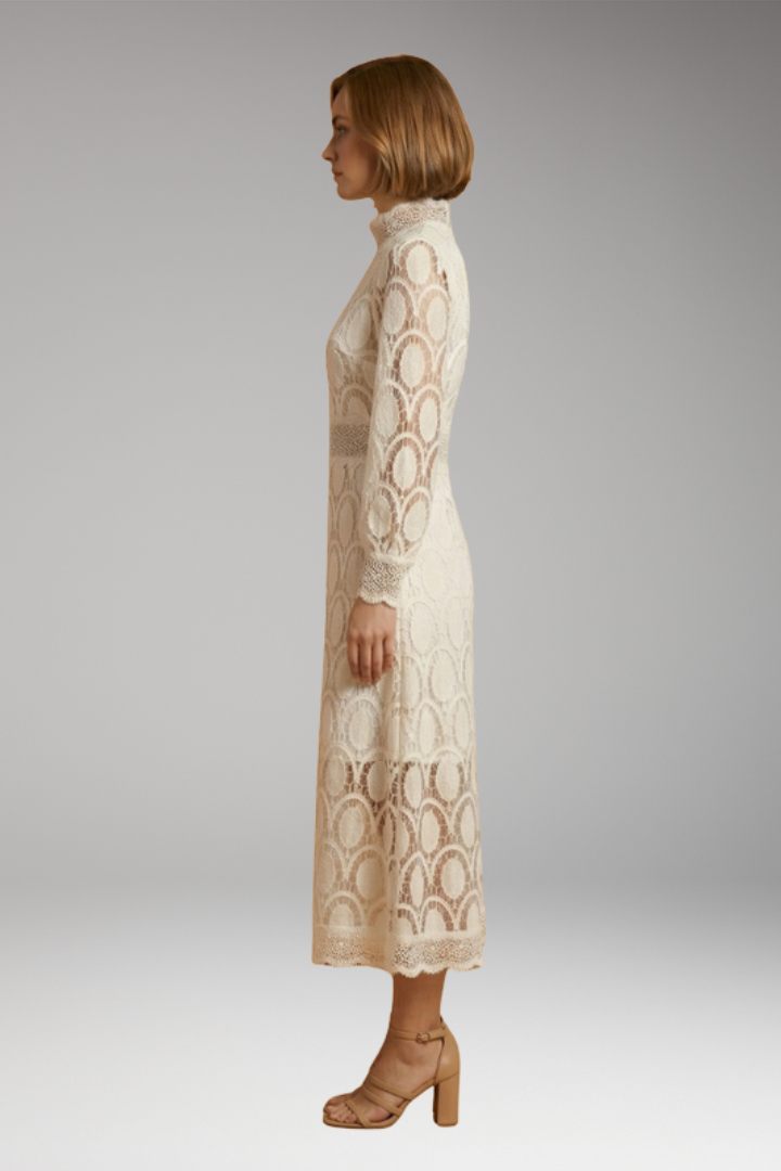 Women's Midi Dress with Lace Detailing and Fitted Waist