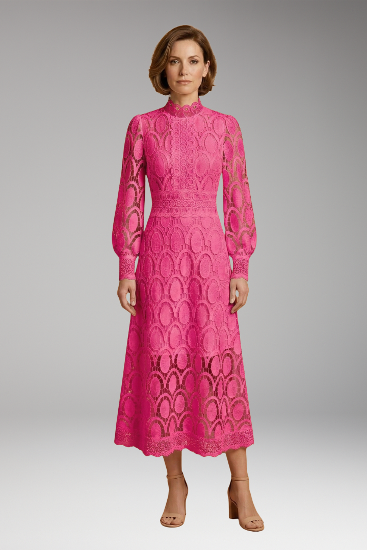 Women's Midi Dress with Lace Detailing and Fitted Waist