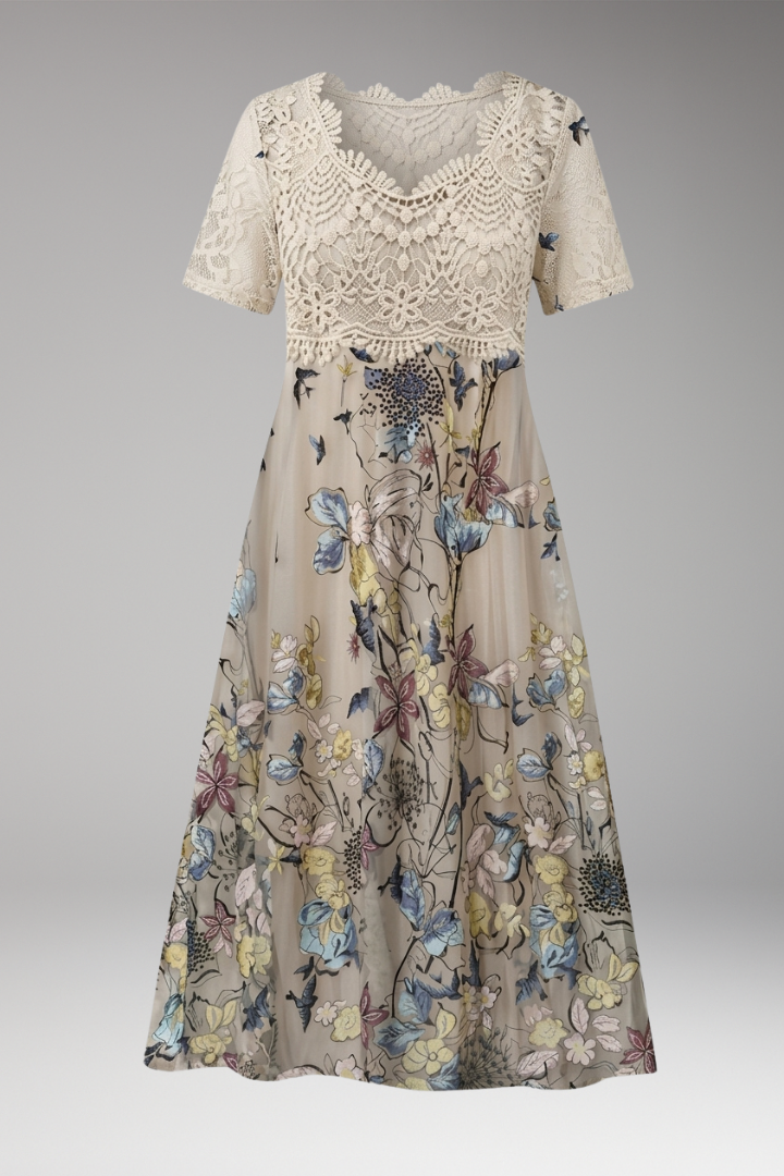 Women's Midi Dress with Lace Details and V-Neckline