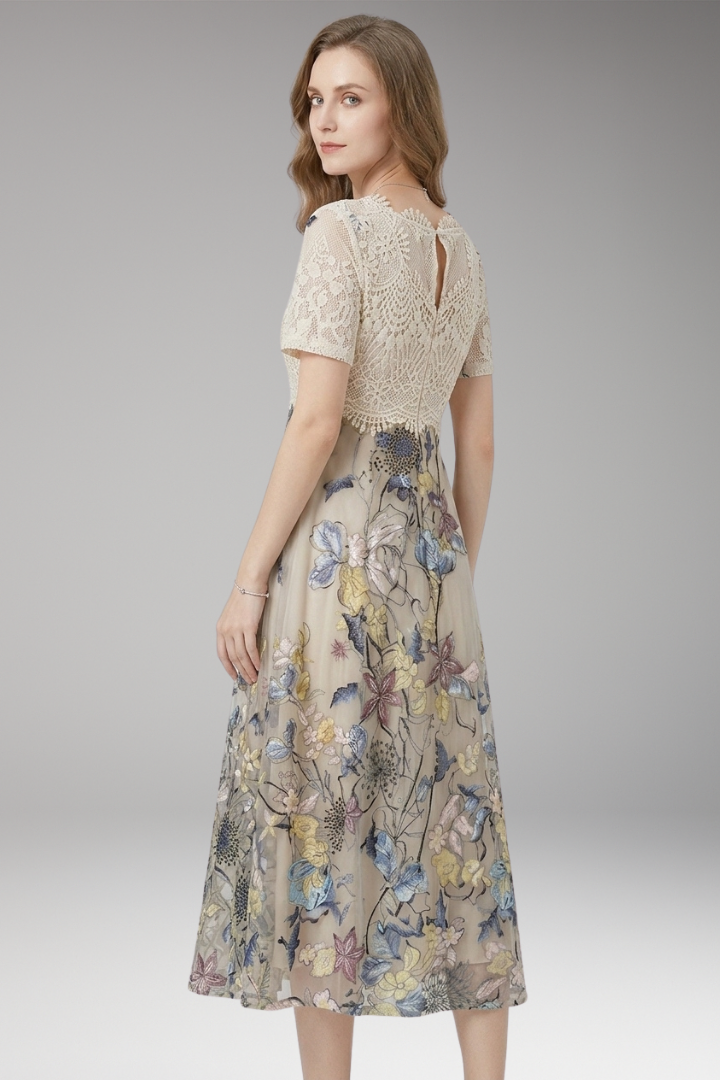 Women's Midi Dress with Lace Details and V-Neckline