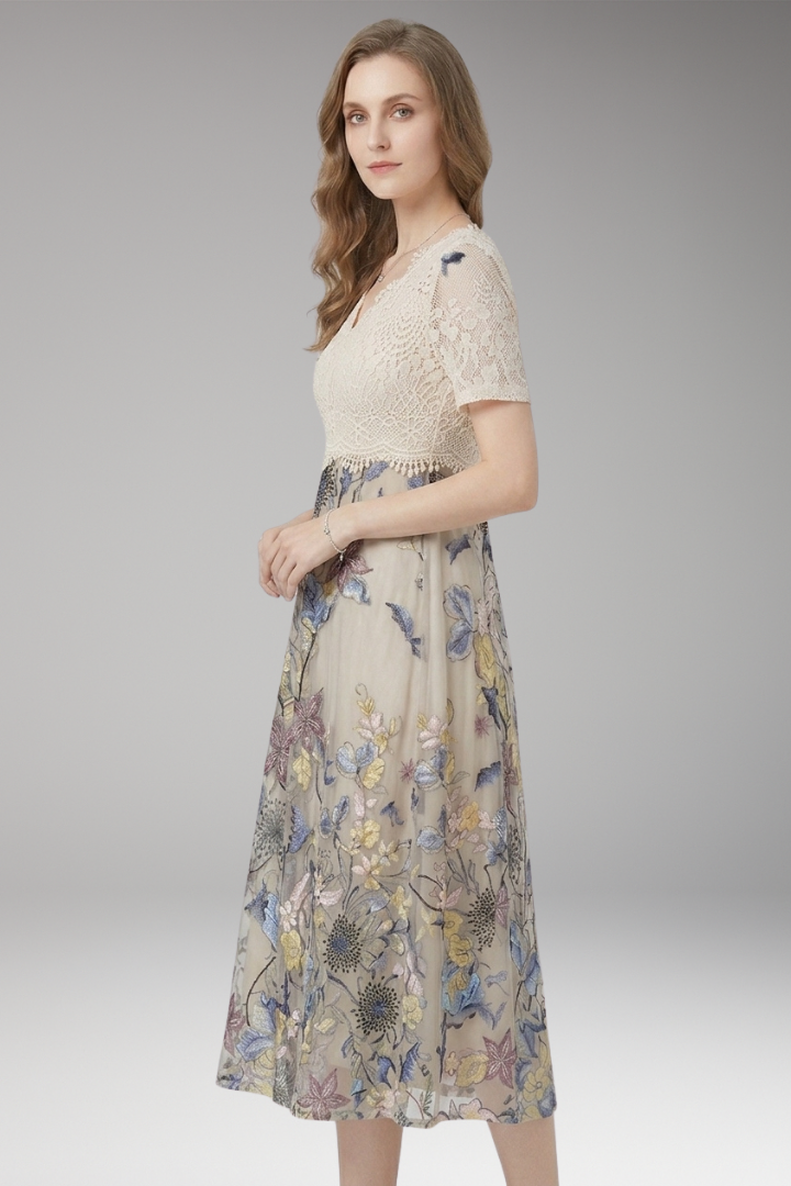 Women's Midi Dress with Lace Details and V-Neckline