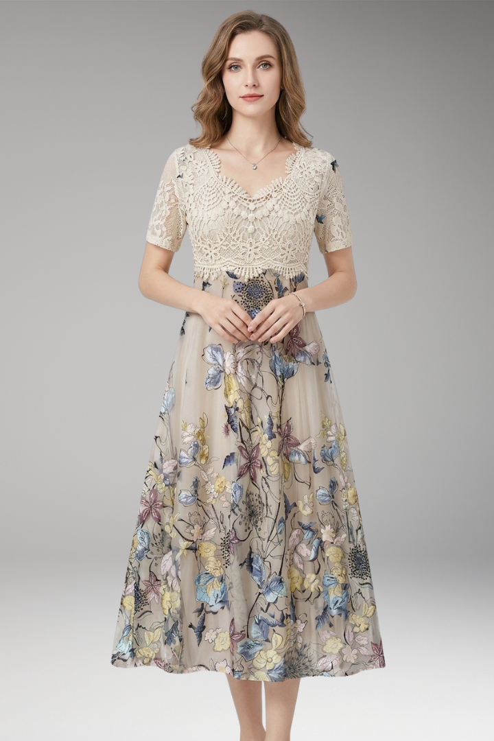 Women's Midi Dress with Lace Details and V-Neckline