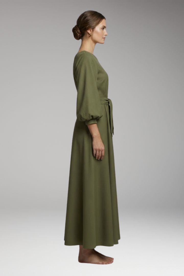 Women's Midi Dress with Lantern Sleeves and Off-Shoulder Cut