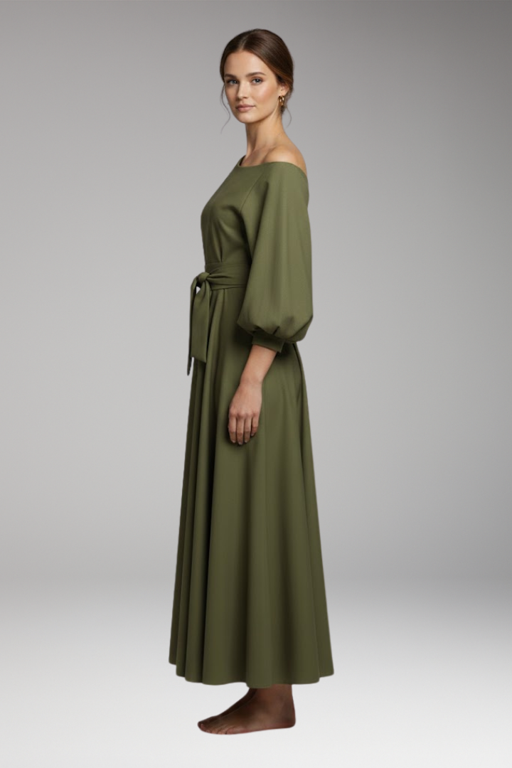 Women's Midi Dress with Lantern Sleeves and Off-Shoulder Cut