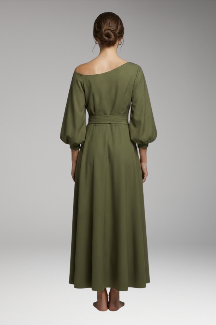 Women's Midi Dress with Lantern Sleeves and Off-Shoulder Cut