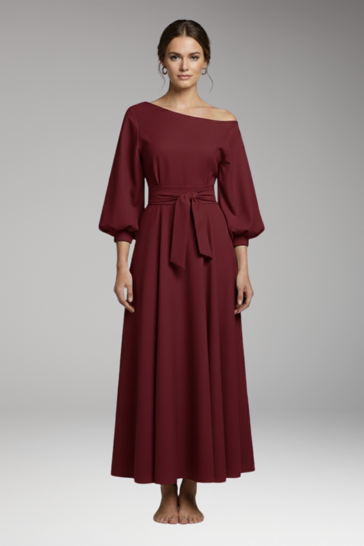 Women's Midi Dress with Lantern Sleeves and Off-Shoulder Cut