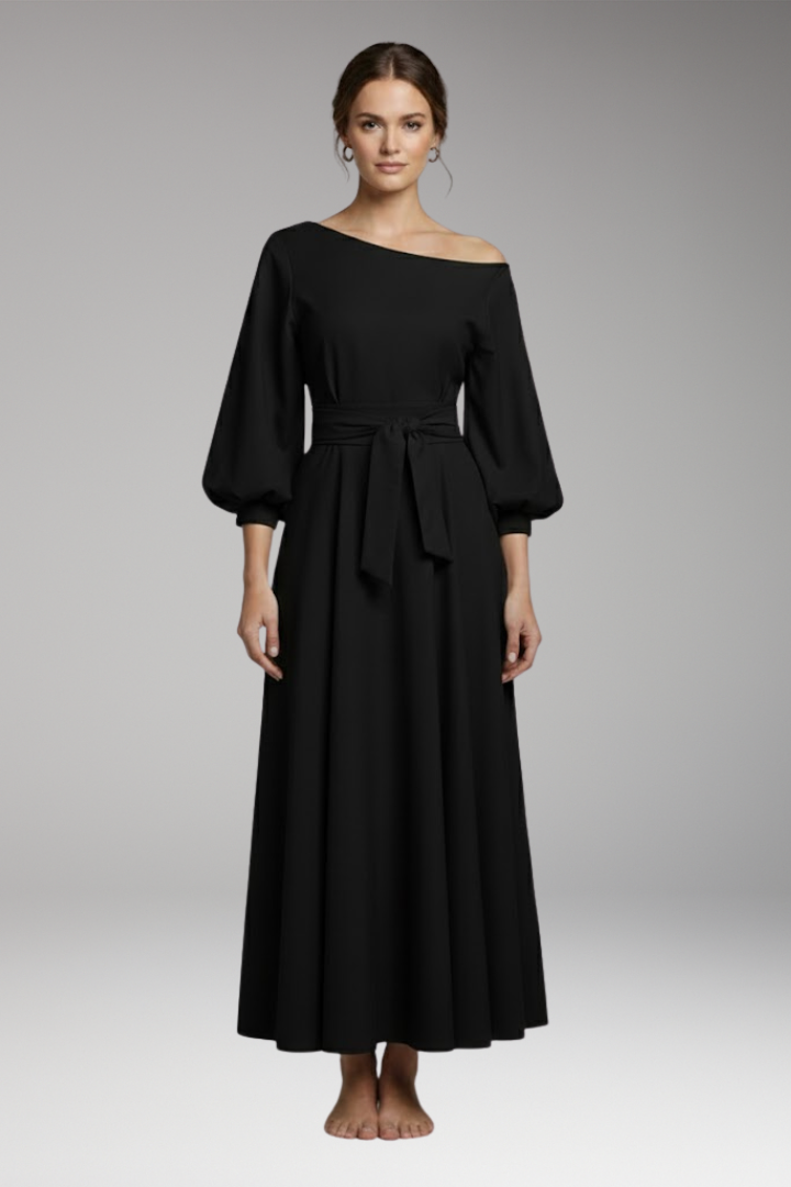 Women's Midi Dress with Lantern Sleeves and Off-Shoulder Cut