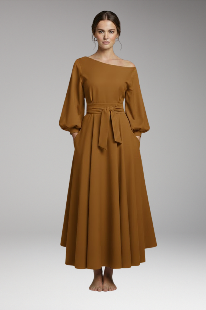 Women's Midi Dress with Lantern Sleeves and Off-Shoulder Cut