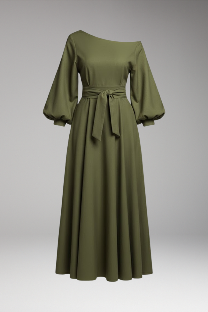 Women's Midi Dress with Lantern Sleeves and Off-Shoulder Cut