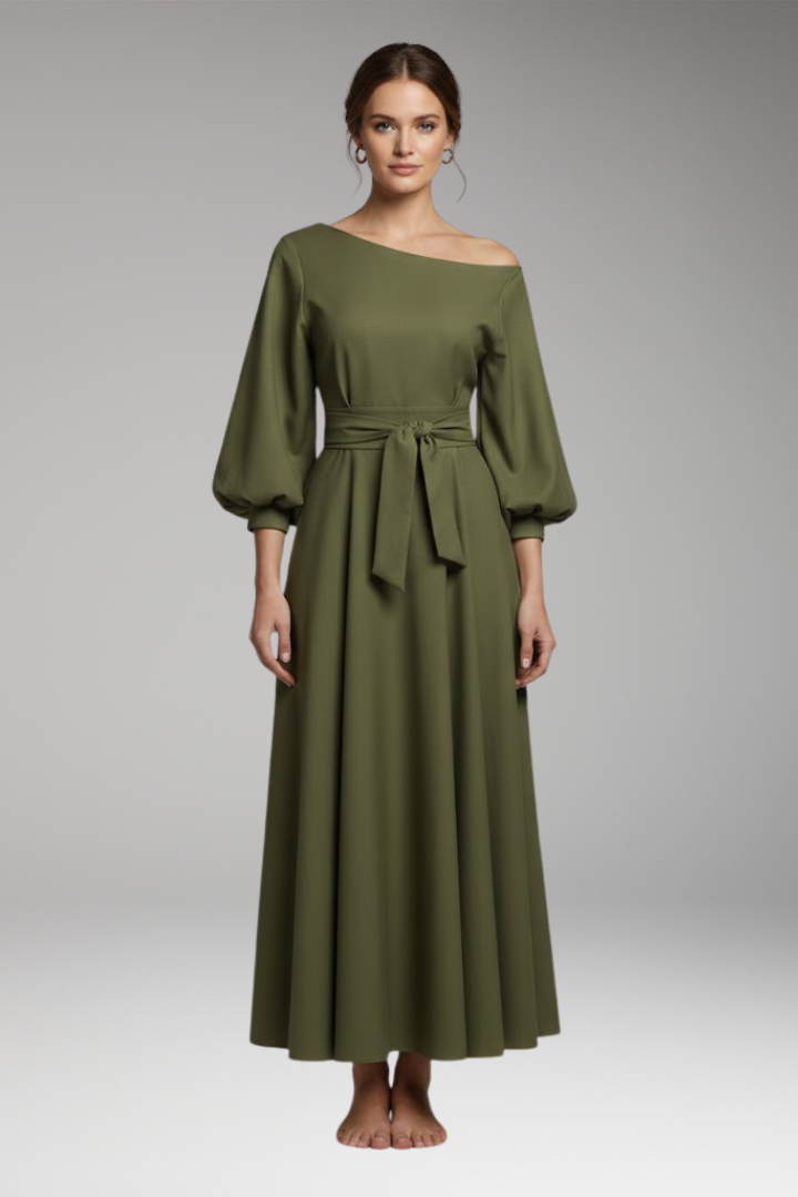 Women's Midi Dress with Lantern Sleeves and Off-Shoulder Cut