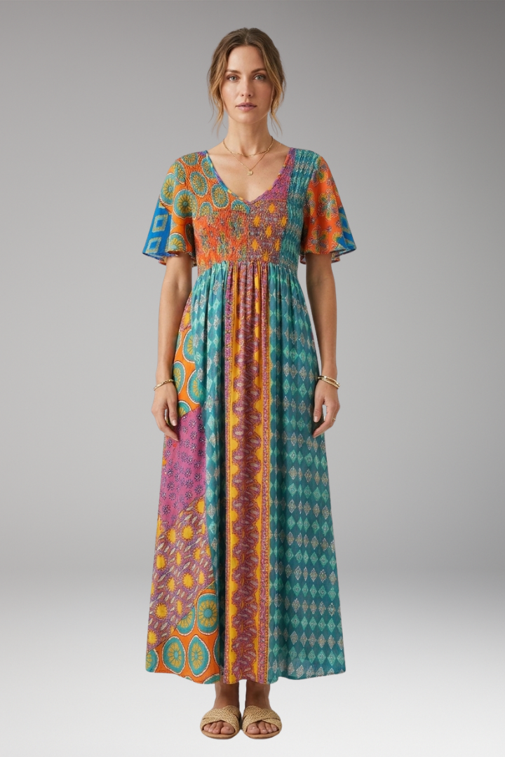 Women's Midi Dress with Paisley Print and Round Neckline