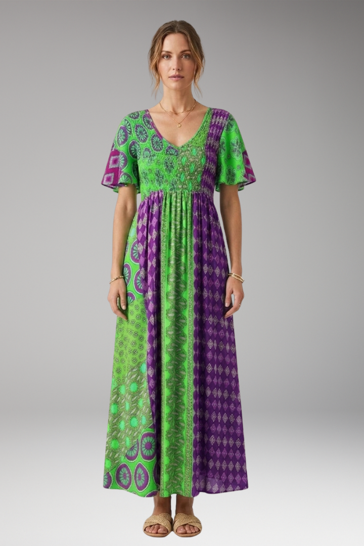Women's Midi Dress with Paisley Print and Round Neckline