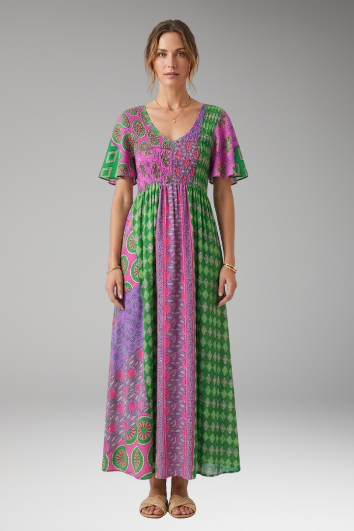 Women's Midi Dress with Paisley Print and Round Neckline