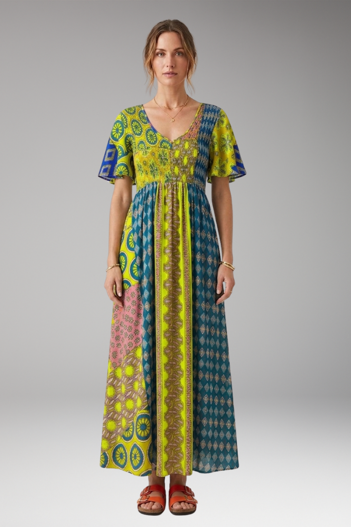 Women's Midi Dress with Paisley Print and Round Neckline