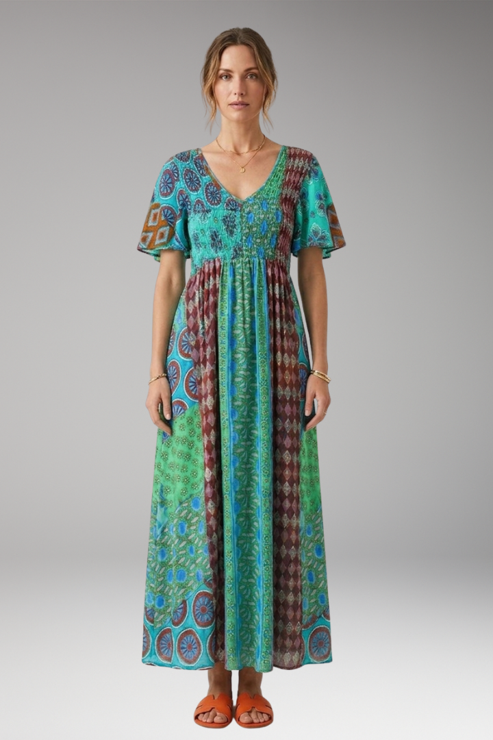 Women's Midi Dress with Paisley Print and Round Neckline