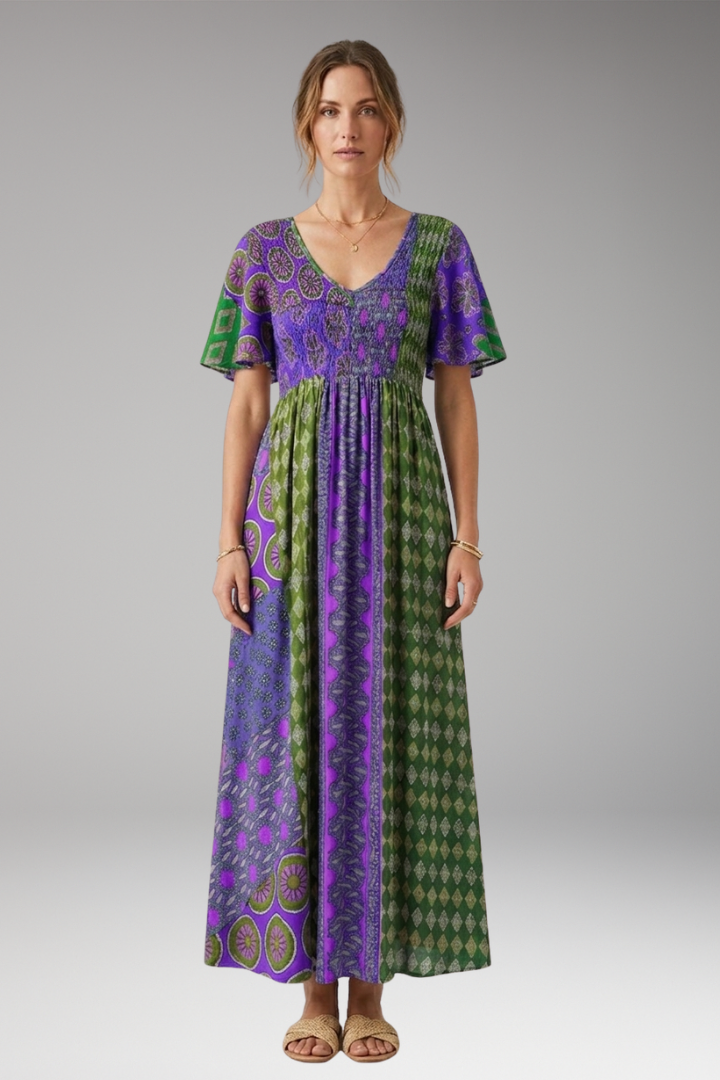 Women's Midi Dress with Paisley Print and Round Neckline
