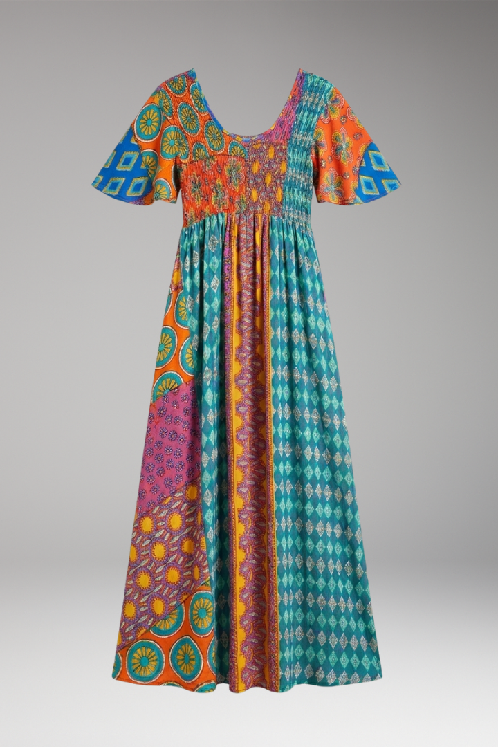 Women's Midi Dress with Paisley Print and Round Neckline