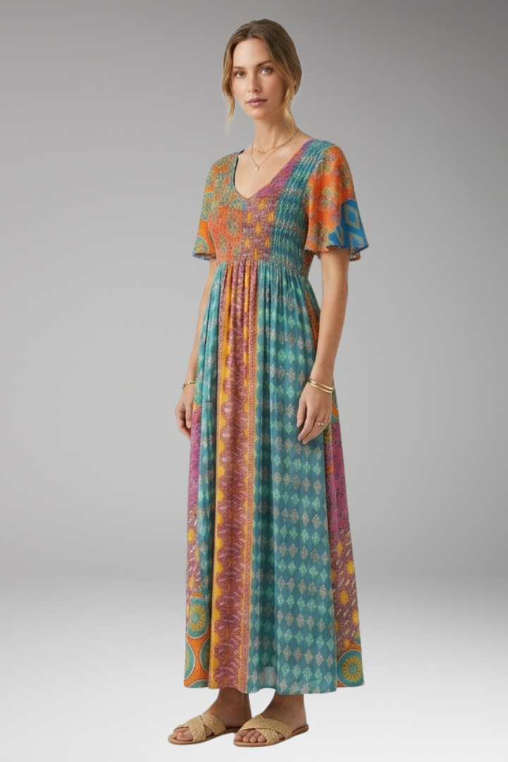 Women's Midi Dress with Paisley Print and Round Neckline